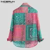 Incerun Vintage Men estampado Camisa informal Estilo étnico Manija larga Vacaciones sueltas Botón Botón de la marca Camisas para hombres Camisa 2020229m