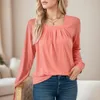 Blusas femininas pullovers ladries tops moda mulher blusa 2023 camisa quadrada sólida camisa de outono plissou bluus de manga longa solta