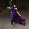 Elegante Arabisch paarse jumpsuit Formele avondjurken Een schouderbaan prom -jurk met treinen pailletten kralen optochtjurken speci335u