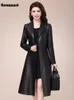 Kvinnorjackor Nerazzurri Spring Autumn Long Black Soft Faux Leather Coat Women Sleeve Buttons Slim Fit Elegant Jacket 230812