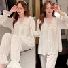 Women's Sleepwear White Velvet Female Pajamas Set Autumn Winter Trouser Suits Sexy V-Neck Lace Nightwar Loose Casual Homewear Loungewear