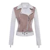 Women's Leather Yellow Black Color-block Short Jacket Cool Girl Lapel Zipper Motorcycle Suit