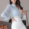 Botones de otoño de las mujeres Camiseta de manga larga Vinteg Casual Blouse 2023 Corea Solid Office Ladies Tops Mujer 12304