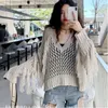 Women's Sweaters Spring Fashion Women Sweater Crochet Cover Up Deep V Neck Hollow Out Knit Top Shirt Chic Tassel Loose Oversize Short