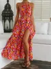 Casual Dresses Women Halter Neck Long Dress Floral Flowy Cutout Tie Up Backless One Side Split Summer Beach