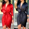 Robes décontractées Black Red V Neck Sheat Mini robe pleine manche Club Party Club Bodycon Vestidos Femme