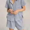 Damen-Trainingsanzüge 2-teilige Anzug Frauen Anzüge für Sommer Baumwollwäsche Französisch Einfache Sporthemd Shorts Doppelschicht Gaze Pyjamas Hauskleidung
