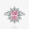 Liefdevormige roze diamanten ijsbloem geslepen ring met een hoog koolstofgehalte S925 sterling zilveren ring, hoogwaardige huwelijkssieraden, zilveren sieraden