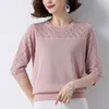 Women's Sweaters 2023 Hollow Out Knitted Tops Summer Three Quarter Sleeves Pullover Round Neck Female Loose Bottoming Shirt