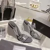 Luxus Hang Fersen-Strass-Hausschuhe Frauen High Heels Transparent Film Open Toe Sandalen Größe 35-40