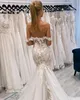 Vintage bloemen kanten mermaid trouwjurken Arabisch aso ebi van de schouderhof trein tule Boemian Country Bridal Jurken sexy backless receptie gewaden CL2711