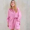 Women's Tracksuits 2023 Summer Long Sleeve Shorts Suit Thin Casual Crepe Housewear Pure Cotton Outerwear Outfits For Women Set 2 Piece