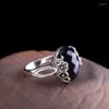 Cluster Rings National Standard 925 Silver Open Women's Flower Blue Sandstone Ring