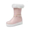 Boots Sweet Fur Metal Decoration Mid-calf Snow Princess Height Increasing Heels Party Shoes For Women Winter 2023