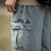 بنطلون جينز للرجال Houzhou Cargo Pants Patchwork Excerize Wide Leg denim Prouts Male Black Japanes