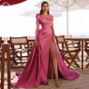 Rose Pink Pleat Satin Sexy One Shouldr Evening Dresses Gowns A Line High Split For Women Party Night Celebrity Dress246N