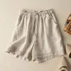 Frauen Shorts Cotton Leinen Frauen Hohlrochet Vintage Elastic Taille Wide Leghose Harajuku lässige lockere Kleidung