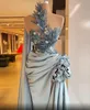 Aso Ebi 2023 Arabic Silver Lace Beaded Evening Dresses High Neck Prom Dresses High Split Formal Party Second Reception Gowns