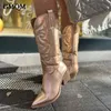 Buty GMQM marka moda Women Western Cowboy Boots Buty Mid Calf Dropship Lady Autumn Winter Metalic Sexy Pumps High Heels 230812