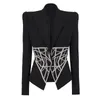 Women's Suits Luxury Women Black Blazer 2023 Autumn Studded Diamond Patchwork Hidden Breasted Long Sleeve Slim Coat High Quality Chic Jacket