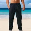 Men's Pants Elastic Waist Drawstring Vertical Striped Print Trousers Waistband Pockets Straight Leg