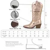 Buty GMQM marka moda Women Western Cowboy Boots Buty Mid Calf Dropship Lady Autumn Winter Metalic Sexy Pumps High Heels 230812