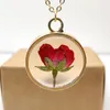 Pendant Necklaces Red Rose Real Flower Transparent Floating Locket Gold Color Chain Long Necklace Women Boho Fashion Jewelry Love Romantic