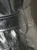 Kurtki damskie Lautaro wiosna jesienna długa fajna srebrna błyszcząca odblaskowa skórzana płaszcz dla kobiet z luksusową moda pasa startowego 230812