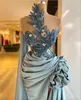 Aso Ebi 2023 Arabic Silver Lace Beaded Evening Dresses High Neck Prom Dresses High Split Formal Party Second Reception Gowns