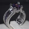 Ringos de cluster choucong deslumbrante jóias de luxo 925 prata esterlina corte redondo roxo 5a cz cristal zirconia casamento mulheres tamanho do anel de dedo