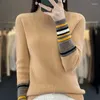 Women's Sweaters BELIARST 2023 Merino Wool Sweater Clothes Half High Collar Striped Cuffs Stripe Ethnic Knit Pullover M-8156