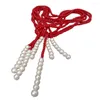 Chains 3 Rows 4mm Red Coral Cultured White Pearl Lariat Long Sweater Chain Necklace 50"