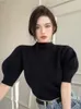 Kvinnors tröjor Fashion Puff Short Sleeve Turtleneck Pullover Top Chic 2023 Spring Solid Pullovers Korean Women Sticked