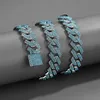 15mm Rhombus Prong Cuban Link Chain Iced Out Blue Rhinestones Bling Rapper Necklaces Bracelets for Men Women Choker Jewelry