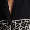 Women's Suits Luxury Women Black Blazer 2023 Autumn Studded Diamond Patchwork Hidden Breasted Long Sleeve Slim Coat High Quality Chic Jacket
