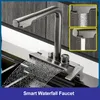 Waterfall Kitchen Faucet Pull-Out mässingstemperatur Digital Display Big Hot Cold Water Tap Rotation Single Hole kran