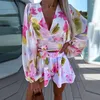 Suits de survêtement pour femmes Summer V Deep Neck Beach Style Two Pieces Set Femmes Lantern Sleeve Loose Tops Shorts Tenues Elegant Female Streetwear