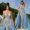 Elegant Sky Blue Mermaid Evening Dresses Overskirt Spaghetti Party Prom Pearls Beading Crystal Long Dress For Special Ocn