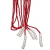 Chains 3 Rows 4mm Red Coral Cultured White Pearl Lariat Long Sweater Chain Necklace 50"