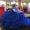 2023 vestido de baile deslumbrante vestidos quinceanera azul royal e dourado bordado organza bordado ruffle Princess Sweet 16 Dress P2763