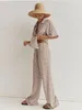 Kvinnors tvåbitar byxor Elegant Plaid Blus 2 Pieces Set Women Outfit Short Sleeve Top med Long Print Suits Brown Fashion Casual Set