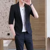 Herrenanzüge Sommer (Blazer-Kleiderhose) Mittelmanschette Dekoration Körperkörper koreanische Version von Casual Sieben-Punkte-Blazer-zweiteiligen Set mit sieben Punkten