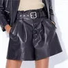 Vrouwen shorts vrouwen casual echt lederen vaste hoge taille riem korte broek met zakken