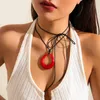 Personality Black Red Hollow Big Water Drop Pendant Necklace for Women Adjustable Leather Rope Choker Y2K Jewelry Party