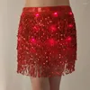 Skirts Women LED Lace-up Sequins Tassels Wrap Mini Skirt Belly Dance Hip Scarf Glitter Waist Chain Stage Performances Costumes Dropship