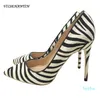 Blac White Zebra Pattern Leather Horse High High-Heeled Shoes 12cm 10cm 8cm女性ファッションパーソナリティ210610