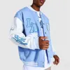 Maniche in pelle ricamate in ciniglia personalizzate Oem Giacca college da uomo bomber da baseball azzurro