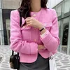 Damesjassen Clothland Women Elegant Pink White Tweed Jacket Lange mouw Pocket Single Breasted Coat Outdarse Tops Mujer CA791