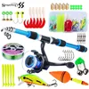 Rod Reel Combo Sougayilang Kids Fishing Pole Set Full Kits mit Teleskopfischereistange und Spinnrollenködern Haken Salzwasser Reise Stange Set 230812