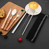 Conjuntos de utensílios de jantar 7pcs portátil 304 colher de aço inoxidável pauzinhos de faca de bife conjunto de talheres de talheres de viagem com tabela de tabela de bolsa